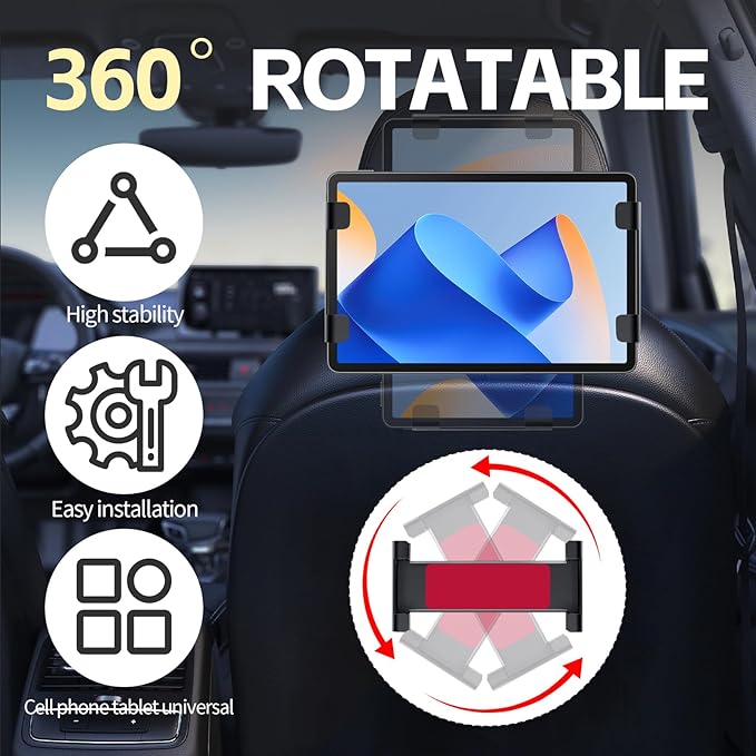 2 Pack Car Headrest Tablet Holder, Foldable Backseat Mount for iPad & Phones, 360° Rotating Adjustable Car Tablet Stand for 6.3-18.4" Devices, Black & Red