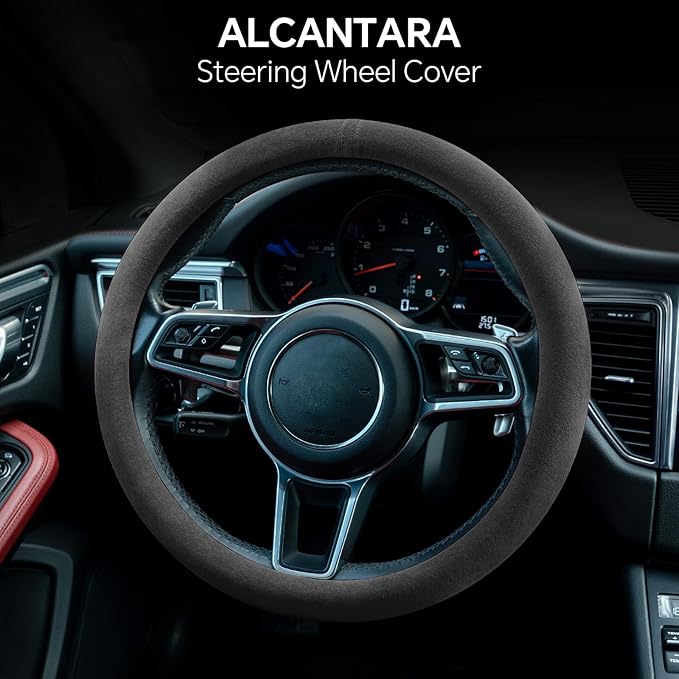 Alcantara Sports Steering Wheel Cover 14.5" to 15" Fit - Anti-Slip Comfort Grip, Durable Soft Suede-Feel Luxury Material for Men Drivers | Fits Sports Cars, Luxury Cars, Sedans, SUVs and EV