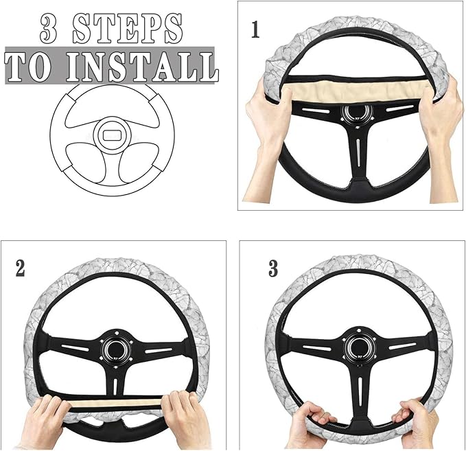 White Marble Texture Steering Wheel Covers Anti-Slip Elasticity Car Accessories Steering Wheel Protector Universal 15 Inch for Cars SUV Vehicle Truck