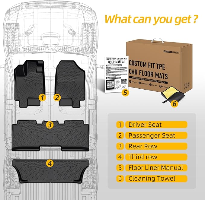 PWY Car Floor Mats for Honda Odyssey (2018-2025 2026), All Weather Car Liners, TPE Custom Automotive Floor Mats - Heavy Duty & Non Slip, 4PCS Full Set for 1st & 2nd & 3rd Row, Minivan Accessories