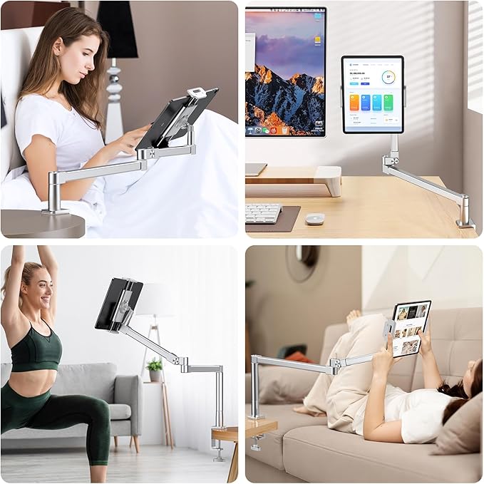 elitehood 28-inch Long Arm iPad Mount for Desk, Adjustable Tablet Desk Mount with Clamp, Sliver Aluminum Tablet Holder Compatible with iPad Pro 13/12.9/11, Air Mini, 4.7-13 inch Tablets & Cell Phones