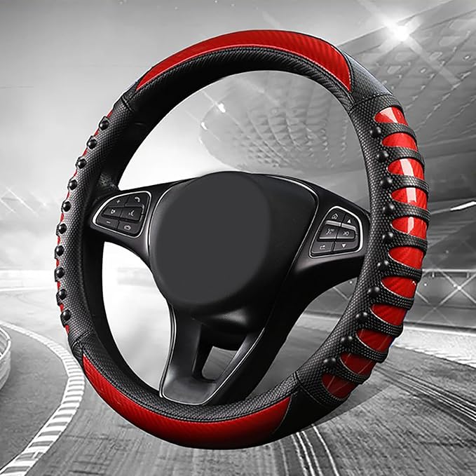 3D Massage Red Carbon Fiber Leather Steering Wheel Cover, 14.5-15 Inch Non-Slip Breathable Microfiber Car Steering Wheel Protector