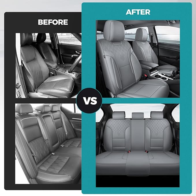 Grey Car Seat Covers Full Set - Breathable Faux Leather Universal 5 Seat Covers for Cars, Automotive Protector Fit for Most Sedan SUV Pick-up Truck