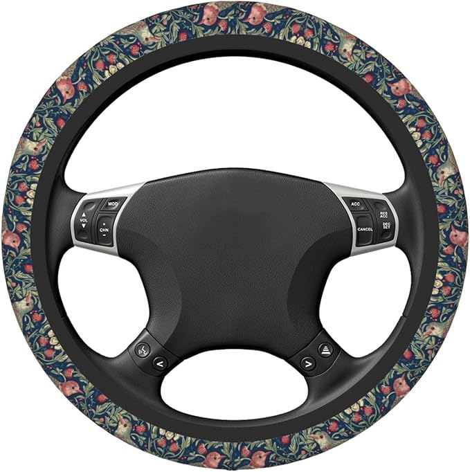 Red Birds Strawberry Flowers Steering Wheel Cover for Women Girls, 15 Inches Anti-Slip Steering Wheel Cover for Auto Truck SUV