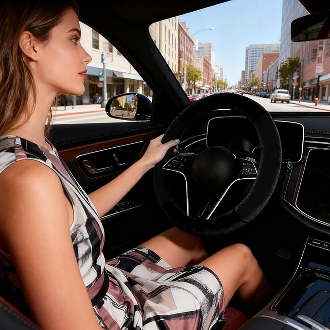 SEG Direct Car Steering Wheel Cover for F-150 Tundra Range Rover 15.25-16 inch, Warm Plush, Summer Winter, Black