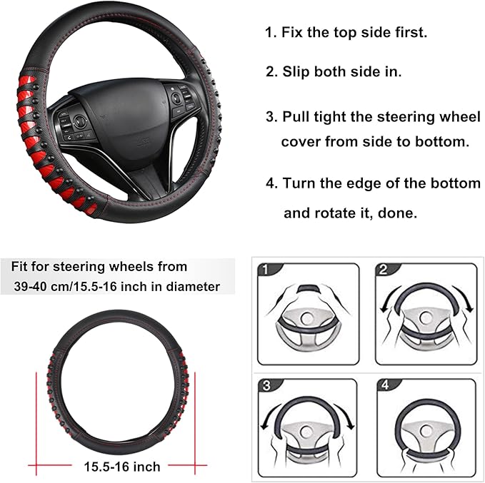 West Llama Microfiber Leather Car Steering Wheel Cover for Men Women,Universal Fit 15.5-16 inchs(Leather Nails-Red+Black-Large Size)