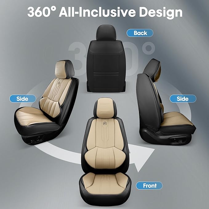AOOG Car Seat Covers Full Set, Leather Seat Covers for Car, Waterproof Car Seat Protector with Lumbar Support, Automotive Seat Covers Universal Fit for Most Cars SUV Trucks (Full Set, Beige&Black)
