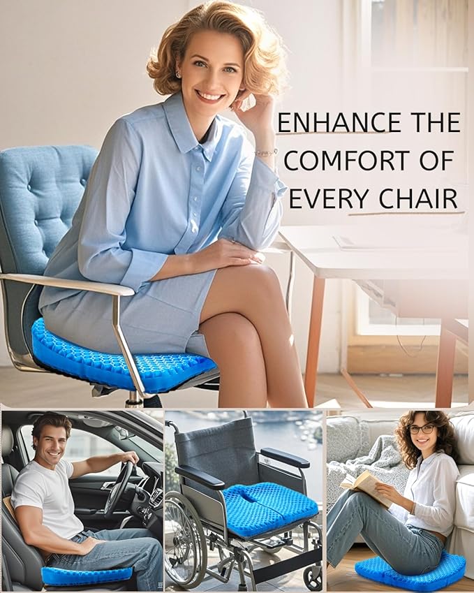 Gel Seat Cushion for Long Sitting & Hip Pain Relief (Large Size) - Cooling 3D Cushions for Office Chair, Car, Wheelchair, Breathable & Non-Slip Cover with Pressure Relief Technology