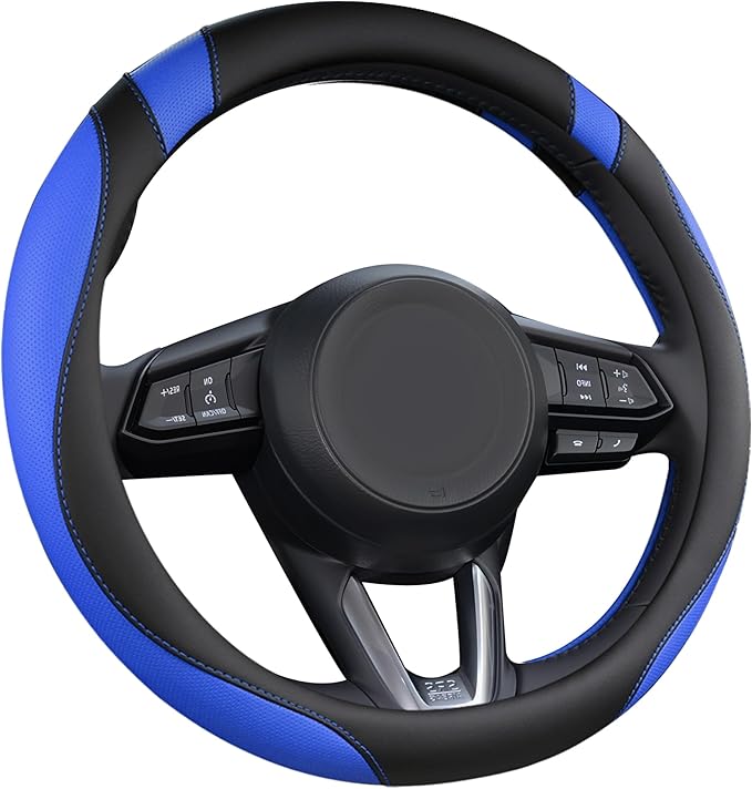 West Llama Microfiber Leather Car Steering Wheel Cover Universal Fit 15-15.5 inch SUV,Sedan,Car,Trucks(Black+Blue-M-Large Size)