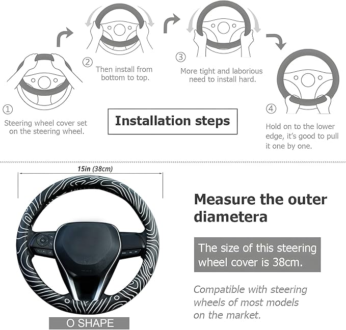 Topography Steering Wheel Cover Auto Leather Steering Wheel Protector, Anti-Slip, Breathable, Absorbing Sweat, Universal Topography Car Accessories 14.5–15 inch,Fit for Most Car, Trucks, SUV