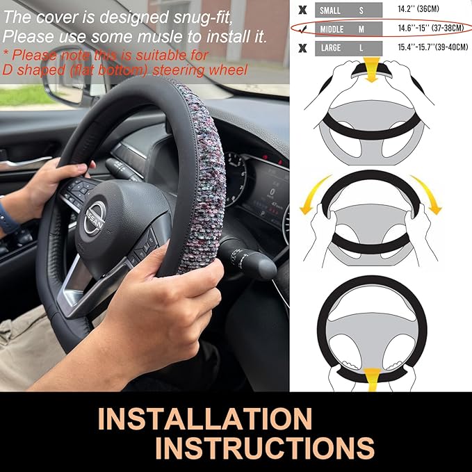 PINCTROT D Shaped Chenille Leather Steering Wheel Cover, Soft Mottled Colors, Sweat-Proof, Non-Slip Grip, All-Season Comfort, Flat Bottom 14.5-15 Inch(Mottled Purple)