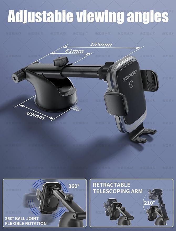 TOPGO Dashboard Wireless Car Charger, Universal Cell Phone Holder, Wireless Charger Phone Holder, 15W Fast Charging for iPhone 17 Pro Max, Samsung Galaxy - Black