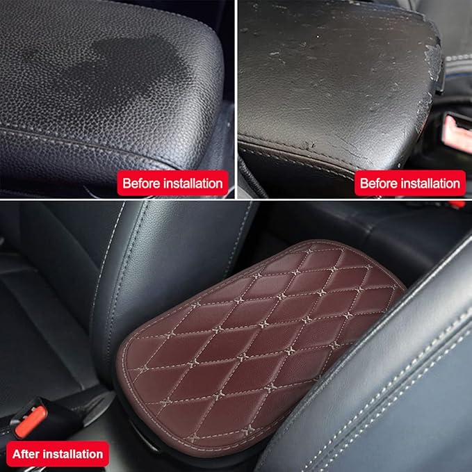 Auto Center Console Pad, PU Leather Car Center Console Box Cushion, Non Slip Soft Armrest Seat Box Cover, Waterproof Vehicle Armrest Protector for SUV, Truck, Car (Rhombic Lattice Wine Red/Beige)