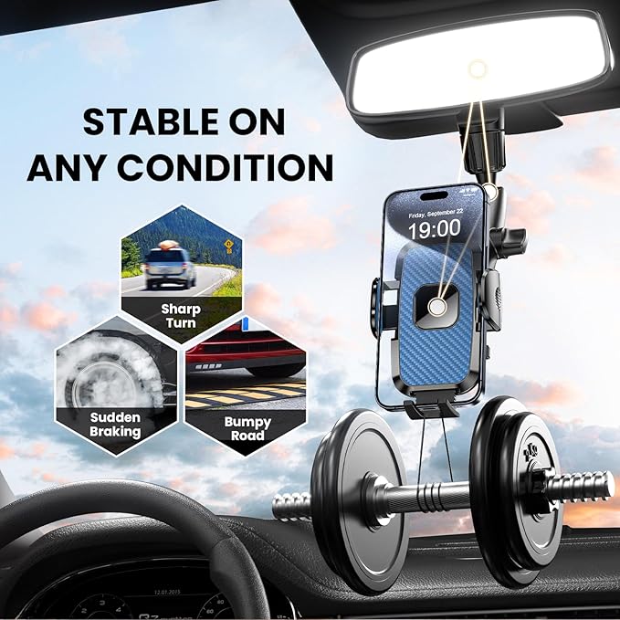 Rear View Mirror Phone Holder, 360° Rotating Car Phone Holder Mount Compatible with All 4-7 Inch iPhone and Android Cell Phones (Blue)