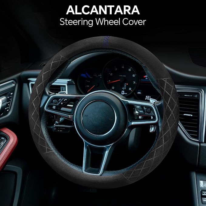 Alcantara Sports Steering Wheel Cover 14.5" to 15" Fit - Anti-Slip Comfort Grip, Durable Soft Suede-Feel Luxury Material for Men Drivers | Fits Sports Cars, Luxury Cars, Sedans, SUVs and EV