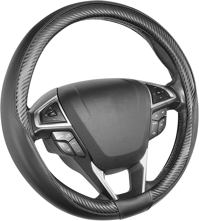 SEG Direct Car Steering Wheel Cover Universal Standard-Size 14 1/2"-15" Leather with Carbon Fiber Pattern Black
