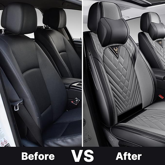 Leather Car Seat Protector - Universal Fit, Waterproof, 2 Seat-Headrest (Black & Gray)