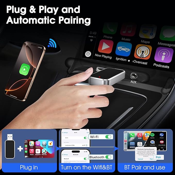 Wireless CarPlay Adapter 2025 Upgraded, Plug and Play, No Latency, Converts Factory Wired to Wireless, Compatible with iPhone (iOS 10 and Above) for Cars 2016+ - Black