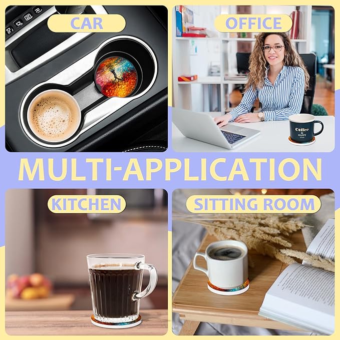 2 Pack Car Cup Holder Coaster-Colorful Trees Absorbent Ceramic Coaster, Car Coasters for Cup Holders,Auto Accessories for Women & Men