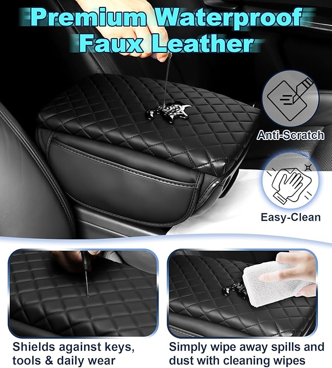 Armrest Cover for Jeep Wrangler Center Console Pad with Organizer Storage Pockets, Black Faux Leather Arm Rest Lid Protector Cushion Interior Accessories (2011-2017 Wrangler JK)