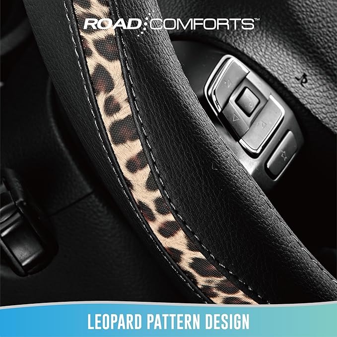 Road Comforts Steering Wheel Cover - Made with PVC Leather and Leopard Fabric - Universal 14 1/2 inches to 15 inches for Most Automotive Steering Wheel - Cheetah Print - Black
