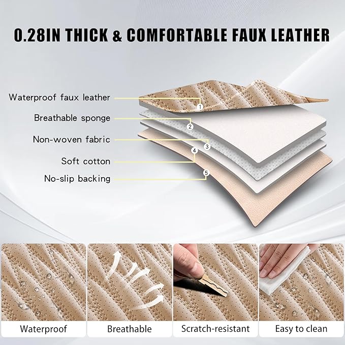 WELLDO Car Seat Covers Full Set, Premium Nappa Leather Seat Covers for Car, Waterproof Car Seat Protector with Lumbar Support, Automotive Seat Covers Universal Fit for Most Cars SUV Truck, Beige-white