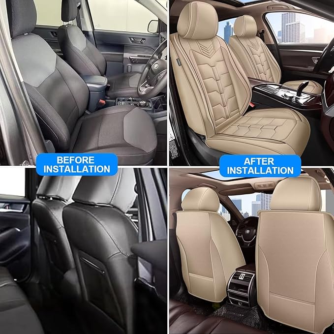 2PCS Front Car Seat Covers Fit for Toyota Tacoma 2016-2024 Faux Leather Seat Cover Waterproof Seat Cushion Protector (Beige)