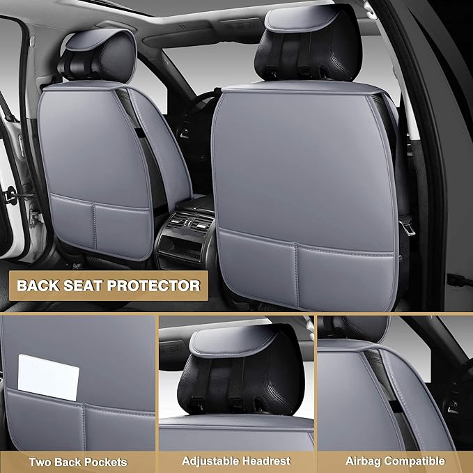 AOOG Leather Car Seat Covers, Leatherette Automotive Vehicle Cover for Cars SUV Pick-up Truck, Universal Non-Slip Vehicle Cover Waterproof Interior Accessories, Full Set, Gray