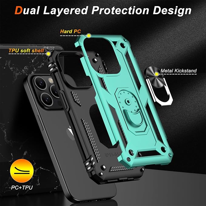 IKAZZ for iPhone 14 Pro Case 6.1 Inch with Screen Protector,Military Grade Shockproof Heavy Duty Protective Phone Cover Pass 16ft Drop Test with Magnetic Kickstand Car Mount Holder,Turquoise