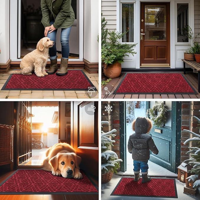 Smiry Front Door Mat Outside Entrance, Heavy Duty Sturdy Natural Rubber Doormat, Trap Dirt and Moisture, Easy Clean Low Profile Mats for Indoor Outdoor Entry, Grid Geometric (29.5x17, Wine Red)