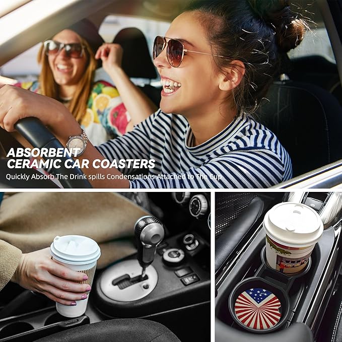 Absorbent Car Coasters for Cup Holders, 2 Pack Universal Anti Slip Ceramic Cup Coaster for Women Men 2.56 Inch Car Interior Accessories - Vintage Stars and Stripes 009