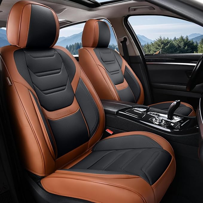 Leather Car Seat Covers Full Set with Lumbar Support, Waterproof Car Seat Cover, Universal Seat Covers for Cars, Trucks, SUVs, Sedans, Pickups, Airbag Compatible, Front Pair, Brown&Black