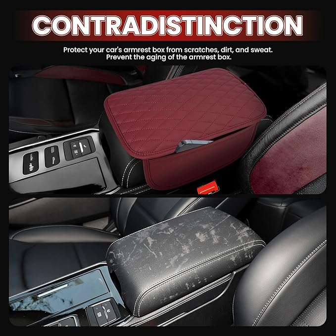 Upgraded Car Center Console Cover,Microfiber Leather Car Armrest Cover Cushion with 2 Storage Bags,Universal Car Armrest Storage Box Car Interior Accessories for Most Vehicles (Wine red)