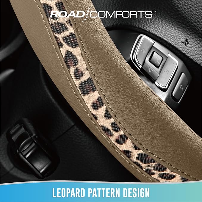 Road Comforts Steering Wheel Cover - Made with PVC Leather and Leopard Fabric - Universal 14 1/2 inches to 15 inches for Most Automotive Steering Wheel - Cheetah Print -Beige