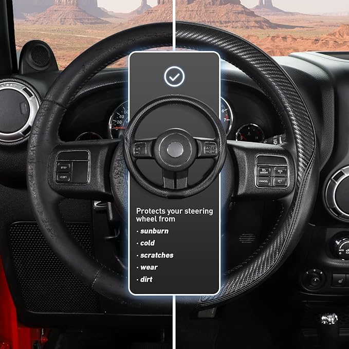 SEG Direct Car Steering Wheel Cover Large-Size for F150 F250 F350 Ram 4Runner Tacoma Tundra Range Rover with 15 1/2"-16" Outer Diameter Leather with Carbon Fiber Pattern Black