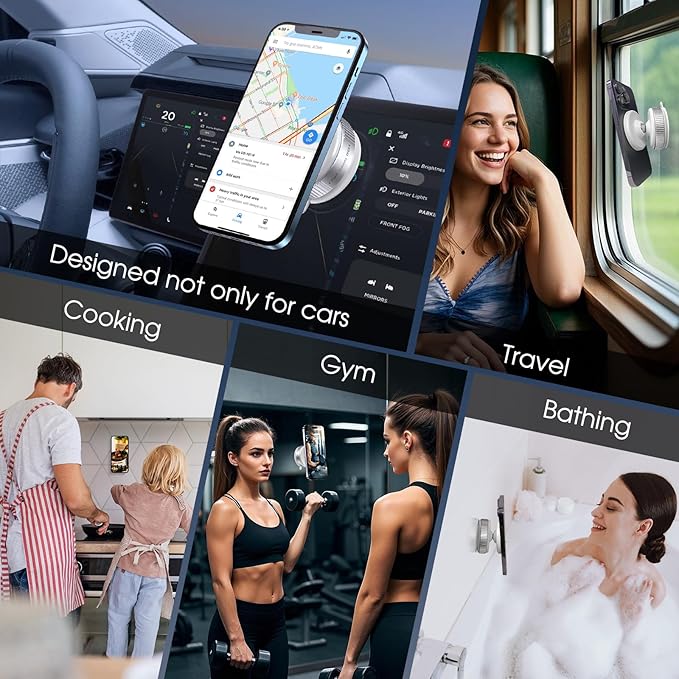 360° Rotatable Vacuum Magnetic Phone Holder, Adjustable Hands-Free Suction Cup Car Phone Mount for Car/Gym/Mirror/Smooth Surface, Compatible with iPhone Android and All Smartphones (White)