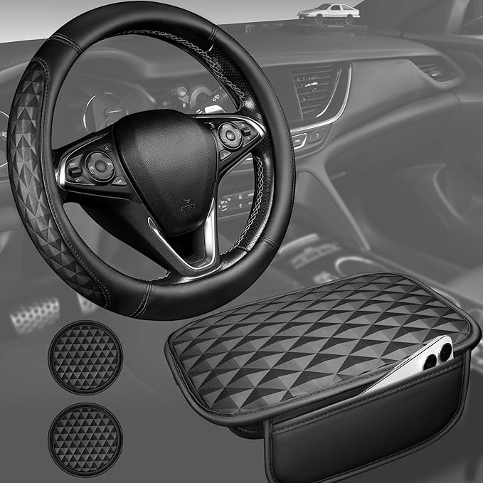CAR PASS 3D Memory Foam Leather Steering Wheel Cover Set, Comfortable Leather Center Console Armrest Cushion with Storage Bags Non-Slip 14.5-15in Car Interior Covers Sets, 4 PCS All Black Rhomb