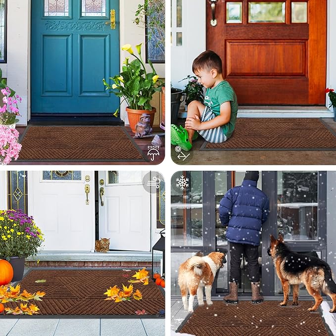 Smiry Front Door Mat Outside Entrance, Heavy Duty Sturdy Natural Rubber Doormat, Trap Dirt and Moisture, Easy Clean Low Profile Mats for Indoor Outdoor Entry, Irregular Triangle (36x24, Deep Coffee)