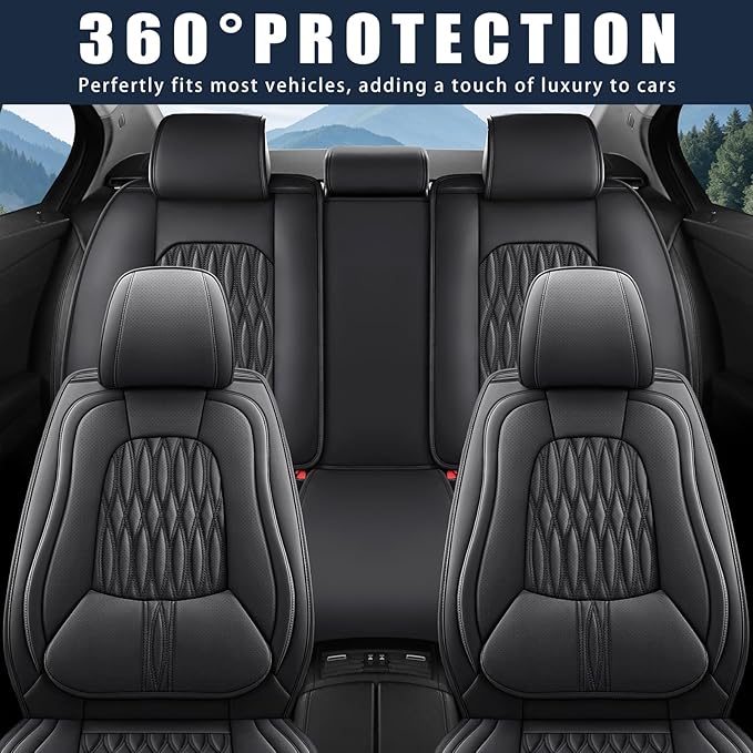 WELLDO Car Seat Covers Full Set, Premium Nappa Leather Seat Covers for Car, Waterproof Car Seat Protector with Lumbar Support, Automotive Seat Covers Universal Fit for Most Cars SUV Truck(Black-w02)