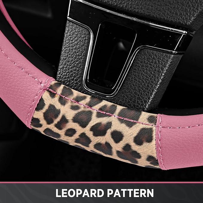 Road Comforts D-Type Steering Wheel Cover - Made with PVC Leather and Leopard Fabric - Universal Fit for 15-Inch D-Shaped Automotive Steering Wheels (Pink Color)