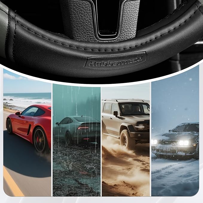 Rubbermaid Steering Wheel Cover – Universal Fit 14.5"–15" Steering Wheel Cover, Anti-Slip Grip, Breathable Leather, All-Season Protection, Interior Upgrade for Cars, Trucks, SUVs - Gray