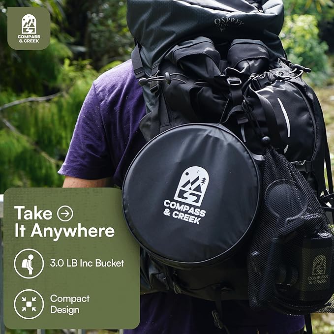 Portable Camping Shower Pump – Rechargeable High Pressure Kit with 90 Min Battery, 3.9 Gal Collapsible Bucket, Dual Heads for Shower & Cleaning, Shower Head Holder & Carry Bag – Essential Camping Kit