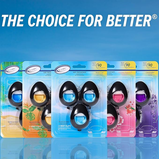 Air Jungles Car Air Freshener Vent Clip 3 Count, Ocean Scent, 4 ml Each, Long-Lasting Car Odor Eliminator, Easy Clip-On Design, Up to 90 Days Freshness for Cars, Trucks, and SUVs