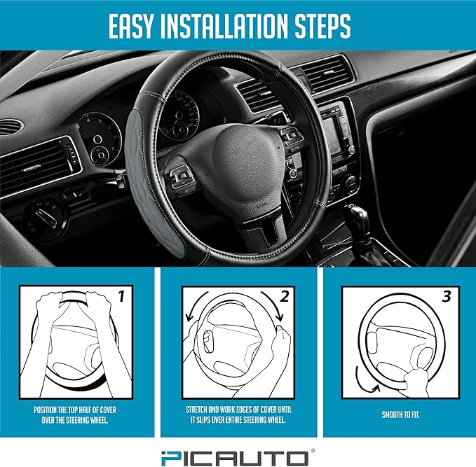 PIC AUTO Steering Wheel Cover, Gray Thick Rhombic Foam and Premium Leather, Universal 14.5-15.5 Inch Breathable Anti-Slip Steering Wheels Accessories for Men & Women