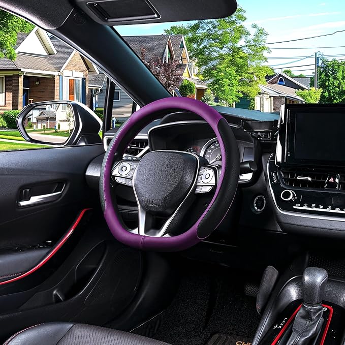 SEG Direct D Shaped Steering Wheel Cover for 14.5-15 inch Flat Bottom Wheels, Breathable Perforated Microfiber Leather, Anti-Slip Grip, Universal Fit for Cars & SUVs, Black and Dawn Purple