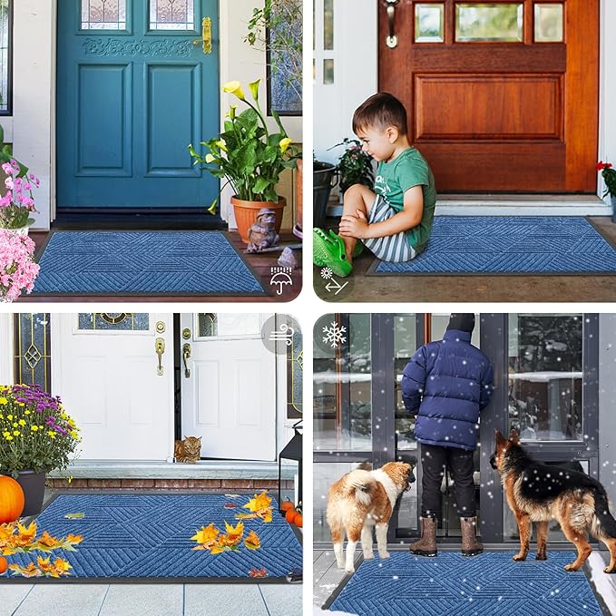 Smiry Front Door Mat Outside Entrance, Heavy Duty Sturdy Natural Rubber Doormat, Trap Dirt and Moisture, Easy Clean Low Profile Mats for Indoor Outdoor Entry, Irregular Triangle (29.5x17, Blue)