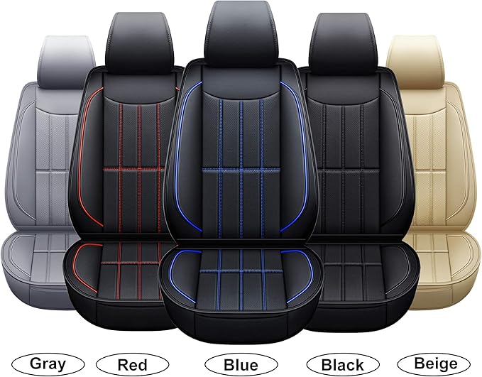 AOOG Leather Car Seat Covers for Cars SUV Pick-up Truck, Universal (Black & Blueline, Front Pair)