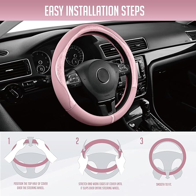 PIC AUTO Steering Wheel Cover, Pink Patterned Leather Patchwork Design, Universal Fit 14.5"–15.5", Anti-Slip, Odor-Free, Soft PU Grain Leather, Durable Grip Car Accessory for Girls & Women