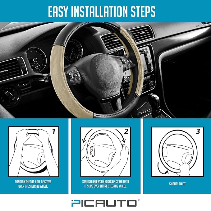 PIC AUTO Steering Wheel Cover, Silk Grain Leather Car Steering Wheel Protector, Comfortable Grip, Universal 14.5-15.5 Inch Anti-Slip Steering Wheels Accessories for Men & Women (Beige)