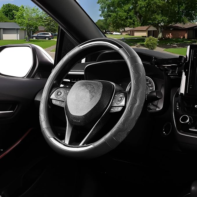 SEG Direct Car Steering Wheel Cover Small Size for Prius Civic Model 3 Model Y Camaro Rogue with 14"-14 1/4" Embossed Microfiber Leather with Carbon Fiber Pattern Black